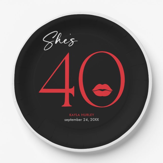 Modern Minimal Red Lips She's Forty Birthday Paper Plate (Front)