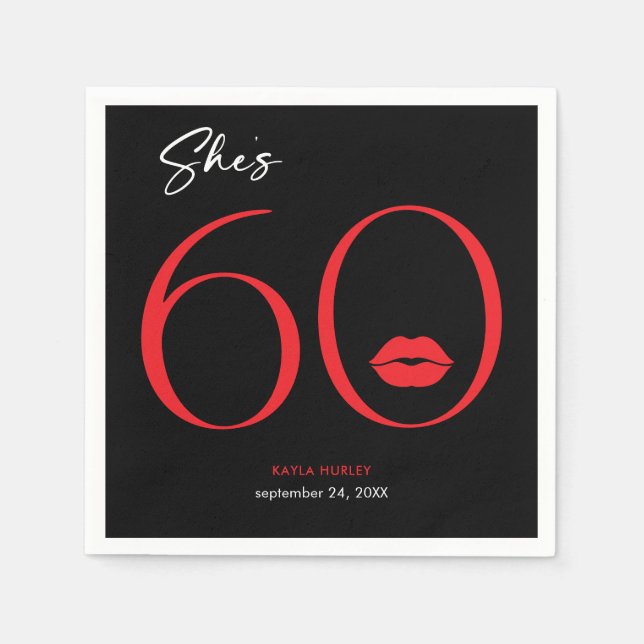 Modern Minimal Red Lips She's Sixty Birthday Napkin (Front)