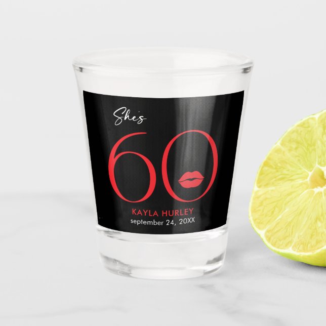 Modern Minimal Red Lips She's Sixty Birthday Shot Glass (Front)