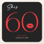 Modern Minimal Red Lips She's Sixty Birthday Square Paper Coaster<br><div class="desc">Modern and chic, this birthday paper coaster design declares, "she's 60" and combines classic black and white with accents of bright red, with a playful pair of lips. It's minimal design is a simple and fun design to celebrate the milestone birthday. Created by Simply Farmhouse Press.</div>