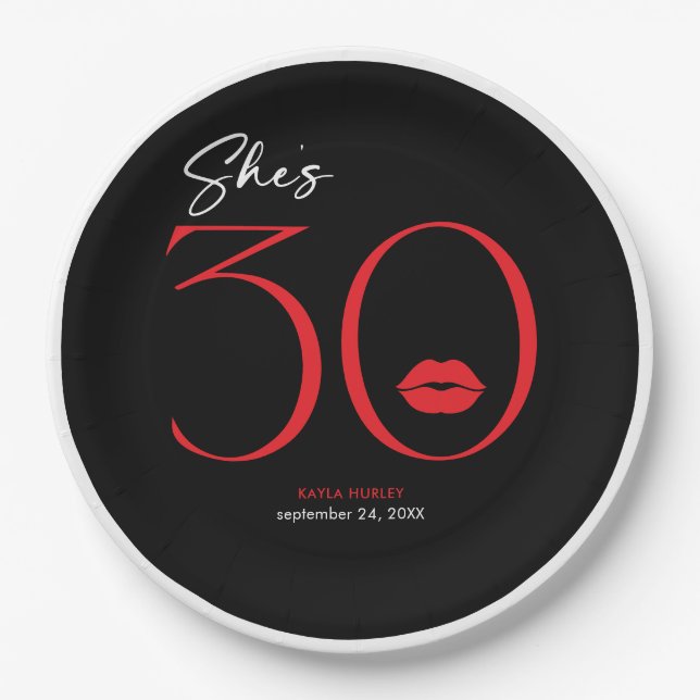 Modern Minimal Red Lips She's Thirty Birthday Paper Plate (Front)