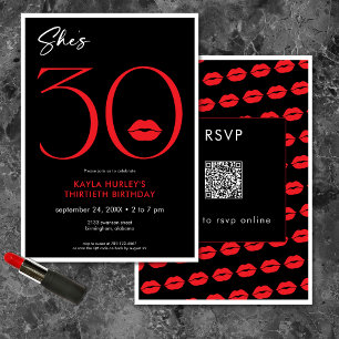Modern Minimal Red Lips She's Thirty Birthday QR Invitation