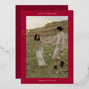 Modern Minimal Red Love Script Photo Valentine's  Foil Holiday Card