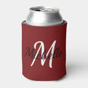 Modern Minimal Red Monogram Name + Initial Can Cooler