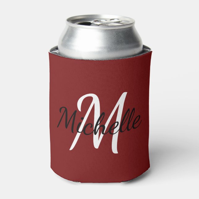 Modern Minimal Red Monogram Name + Initial Can Cooler (Can Front)
