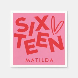 Modern minimal red pink typography 16th birthday napkin
