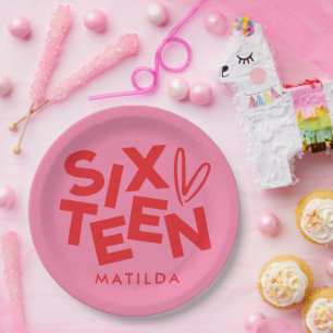 Modern minimal red pink typography 16th birthday paper plate