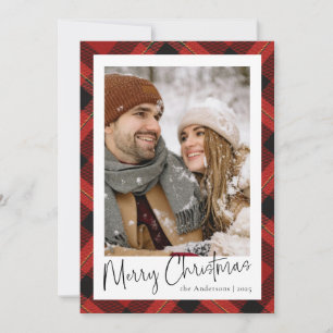 Modern Minimal Red Tartan Plaid Photo Christmas Holiday Card