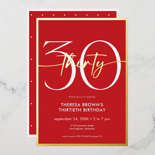 Modern Minimal Red Thirty Script Birthday (Front/Back)