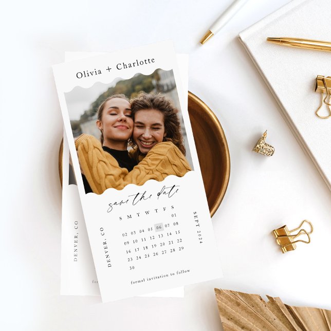 Modern Minimal Retro Wavy Photo Stylish Calendar Save The Date (Modern Minimal Retro Wavy Photo Stylish Calendar Save The Date)