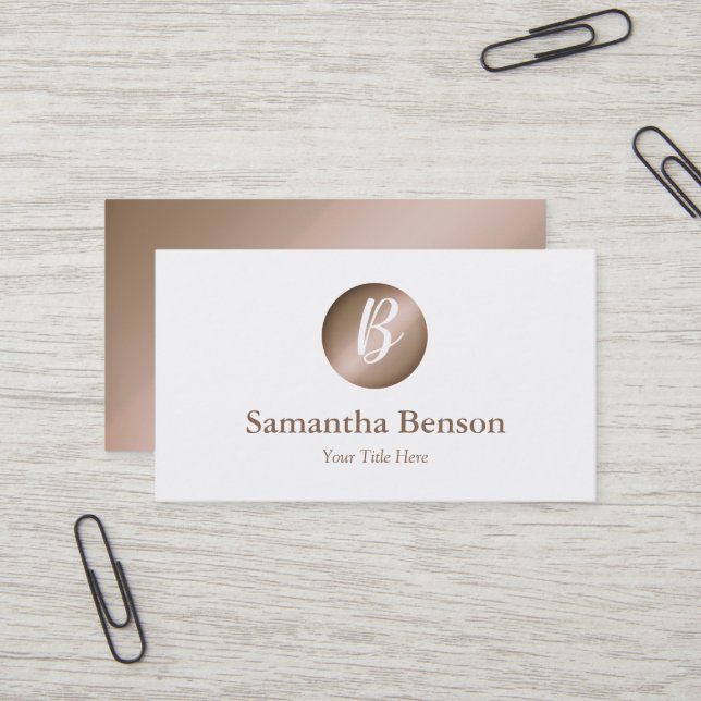 Modern Minimal Rose Gold Circle White Monogram Business Card (Front/Back In Situ)