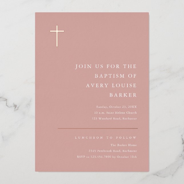 Modern Minimal Rose Gold Cross Baptism (Front)