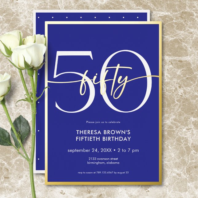 Modern Minimal Royal Blue Fifty Script Birthday (Modern Minimal Royal Blue Fifty Script Birthday Foil Invitation)