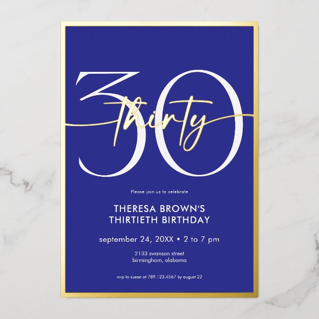 Modern Minimal Royal Blue Thirty Script Birthday (Front)