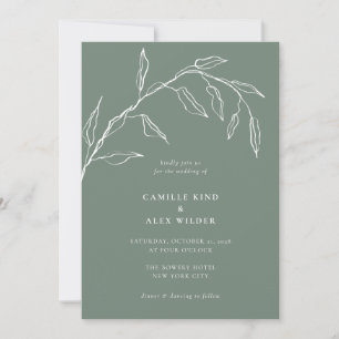 Modern Minimal Sage Green Botanical Leaf Wedding Invitation