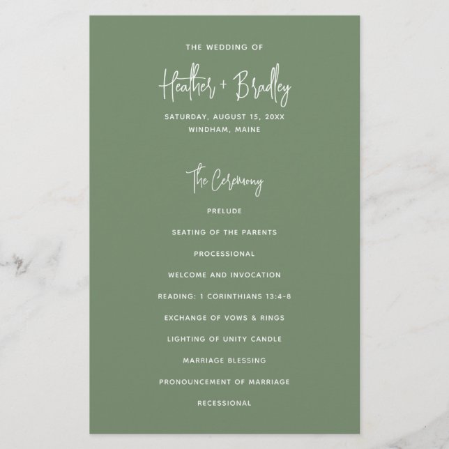 Modern Minimal Sage Green Budget Wedding Program (Front)