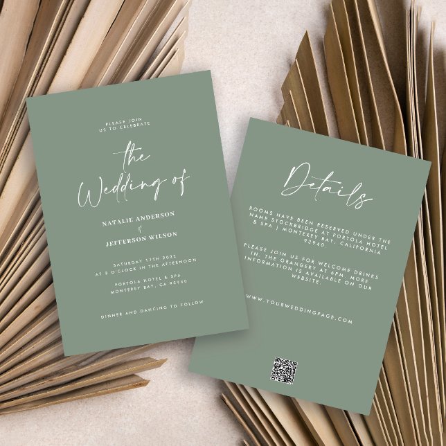 Modern minimal sage green detail QR code wedding Invitation (Creator Uploaded)