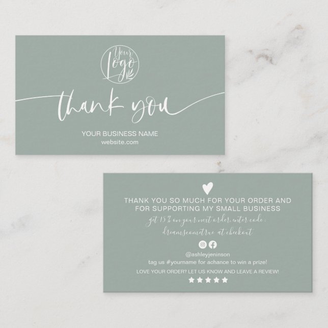 Modern minimal sage green script order thank you business card (Front/Back)