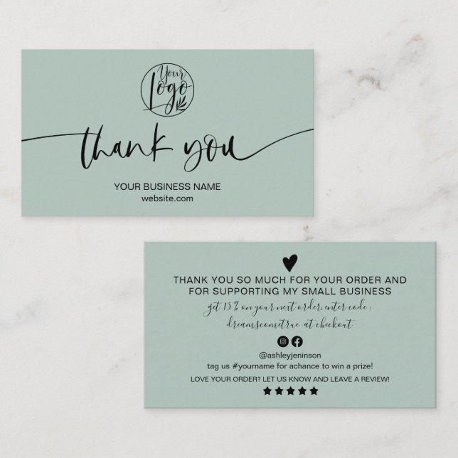 Modern minimal sage green script order thank you business card (Front/Back)