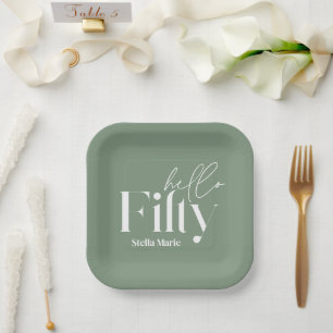 Modern minimal sage green simple 50th birthday paper plate