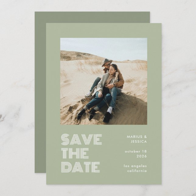Modern Minimal Sage Green Typography Photo Wedding Save The Date (Front/Back)