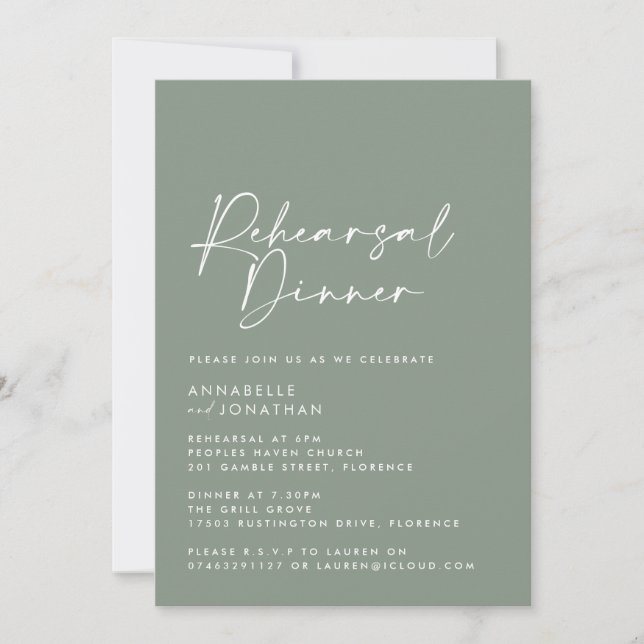 Modern Minimal sage green Wedding Rehearsal Dinner Invitation (Front)