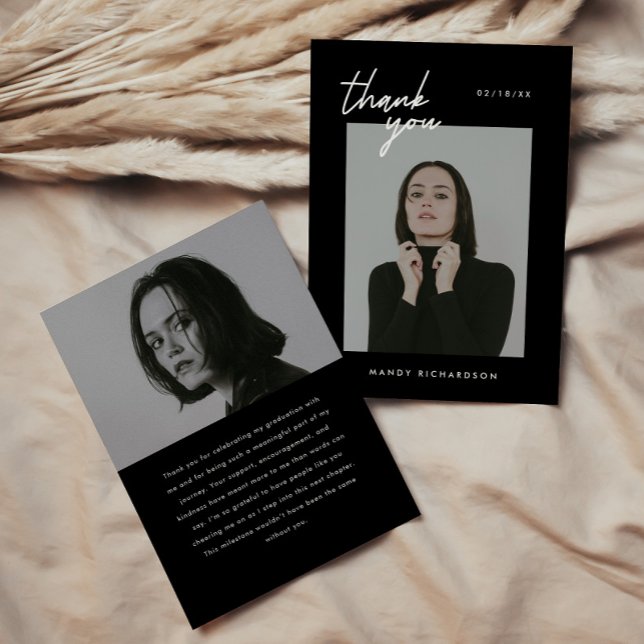 Modern Minimal Script 2-Photo Graduation Party Thank You Card (Creator Uploaded)