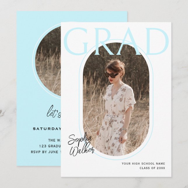 Modern Minimal Script Aqua Photo Graduation Party Invitation (Front/Back)