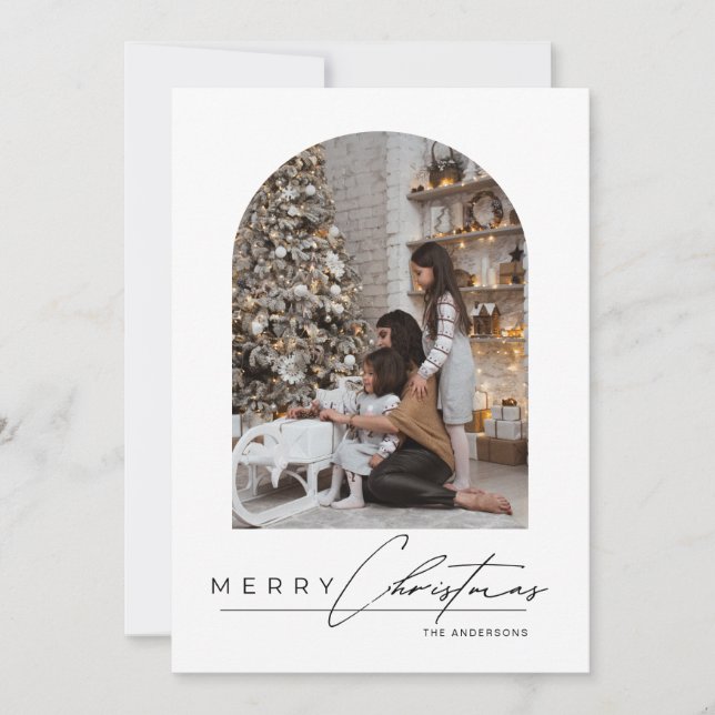 Modern Minimal Script Arch Family Photo Christmas Holiday Card (Front)