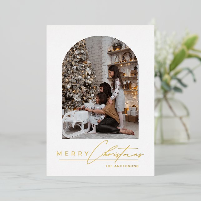 Modern Minimal Script Arch Photo Gold Christmas Foil Holiday Card (Standing Front)