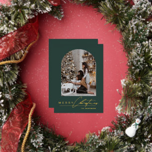 Modern Minimal Script Arch Photo Green Christmas Foil Holiday Card