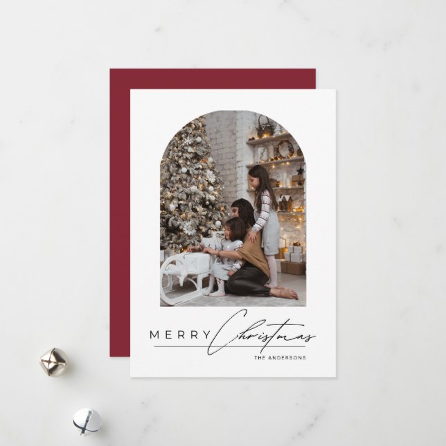 Modern Minimal Script Arch Photo Red Christmas Holiday Card (Front/Back In Situ)