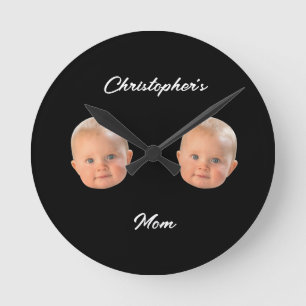 Modern Minimal Script Baby Face Photo Mom Gift Round Clock