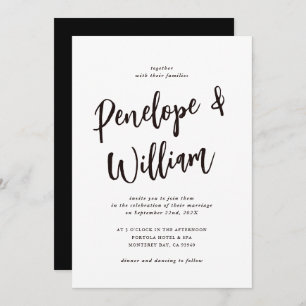 Modern minimal script black and white wedding invitation