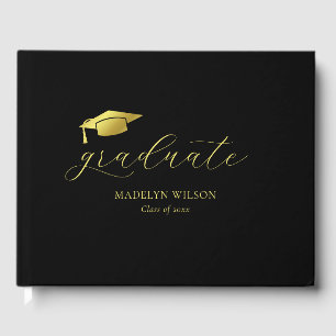 Modern Minimal Script Black Gold Graduation Party Guest Book