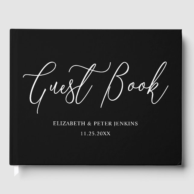 Modern Minimal Script Black White Wedding Guest Book (Front)