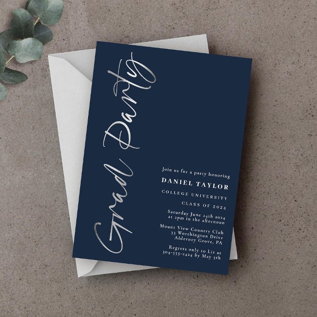 Modern Minimal Script Blue Silver Graduation Party (Creator Uploaded)