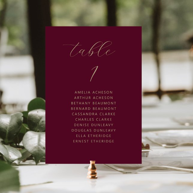 Modern Minimal Script Burgundy Gold Wedding Table Number (Creator Uploaded)