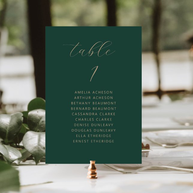 Modern Minimal Script Dark Green Gold Wedding Table Number (Creator Uploaded)