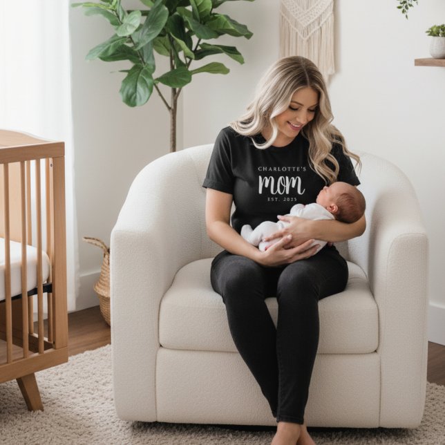 Modern Minimal Script Established Mom Custom Name T-Shirt (modern minimal black and white new mom child's name or baby name established date custom tshirt gift)