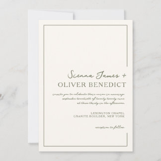 Modern Minimal Script Green Border Wedding  Invitation