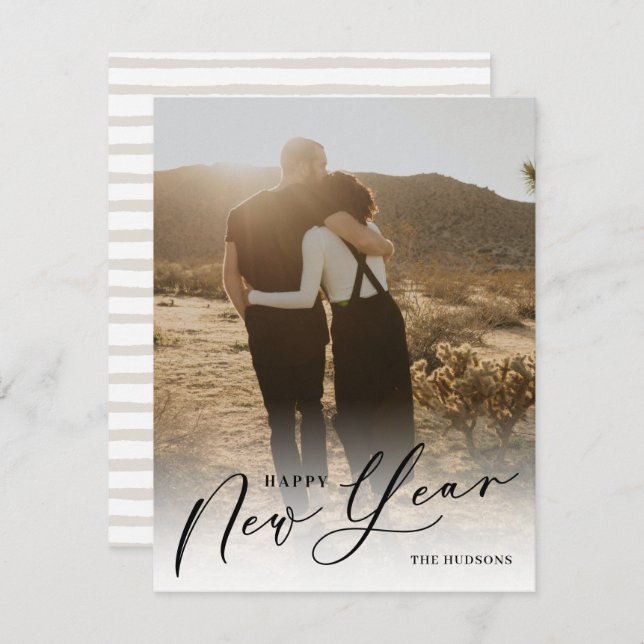 Modern Minimal Script Happy New Year Photo Holiday (Front/Back)