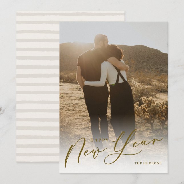 Modern Minimal Script Happy New Year Photo Holiday (Front/Back)