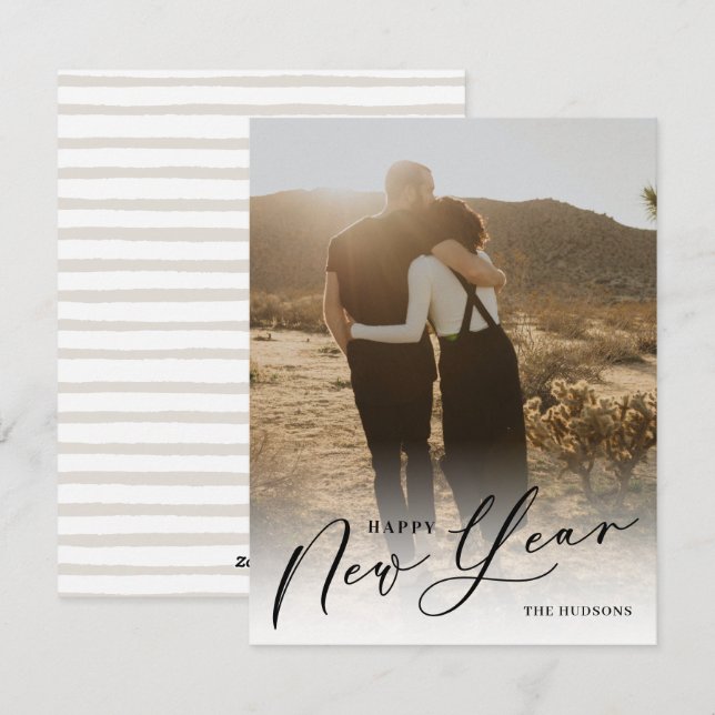 Modern Minimal Script Happy New Year Photo Holiday Card (Front/Back)