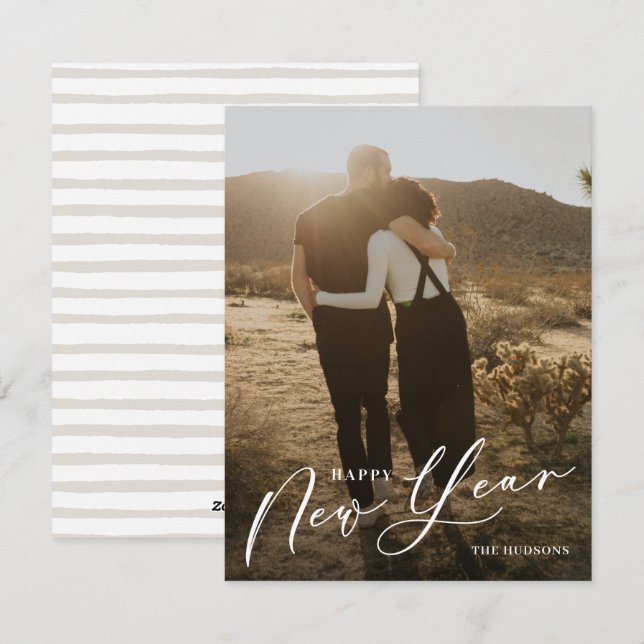Modern Minimal Script Happy New Year Photo Holiday Card (Front/Back)
