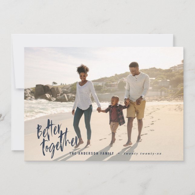 Modern minimal script holiday photo navy card (Front)