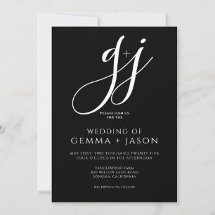 Modern Minimal Script Initial Black White Wedding  Invitation