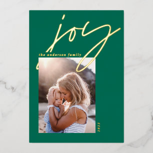 modern minimal script joy 1 photo green elegant foil holiday card