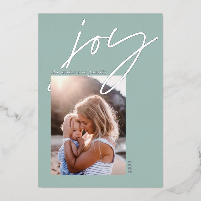 modern minimal script joy photo sage green elegant foil holiday card (Front)