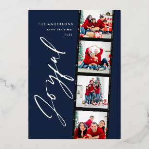 Modern minimal script multi photo christmas blue foil holiday card